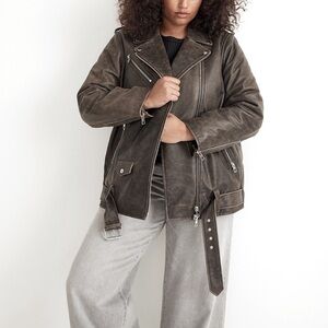Madewell Women's Distressed Leather Oversized Motorcycle Jacket XXL